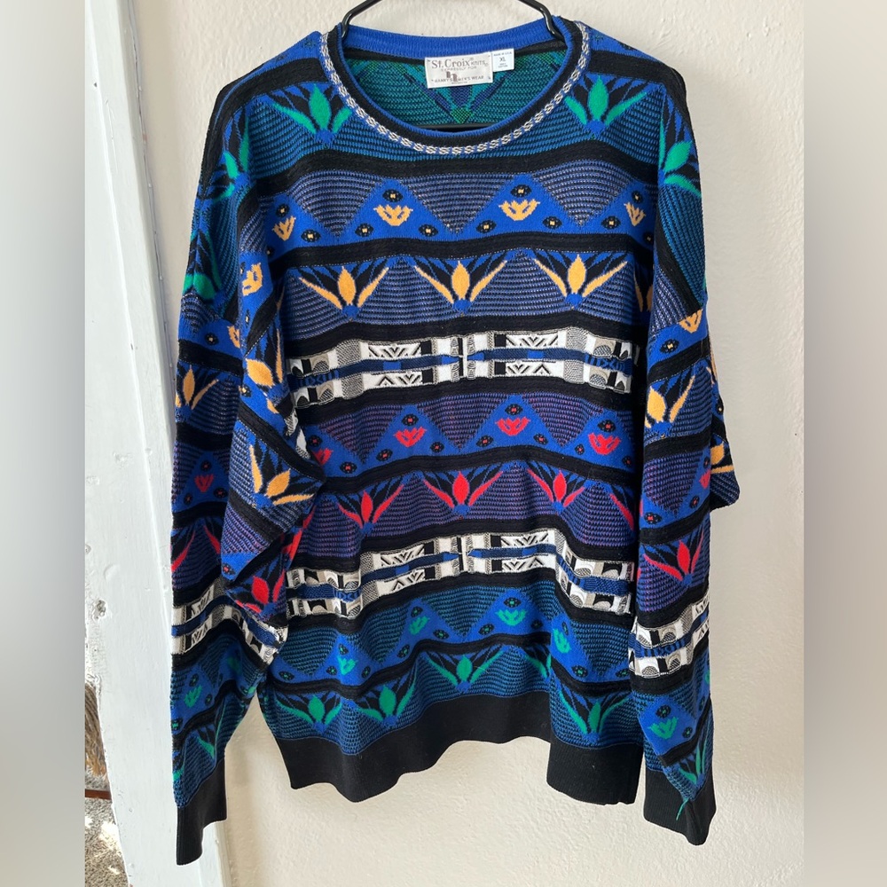 St. Croix Blue and Black Patterned Crewneck Men's Sweater